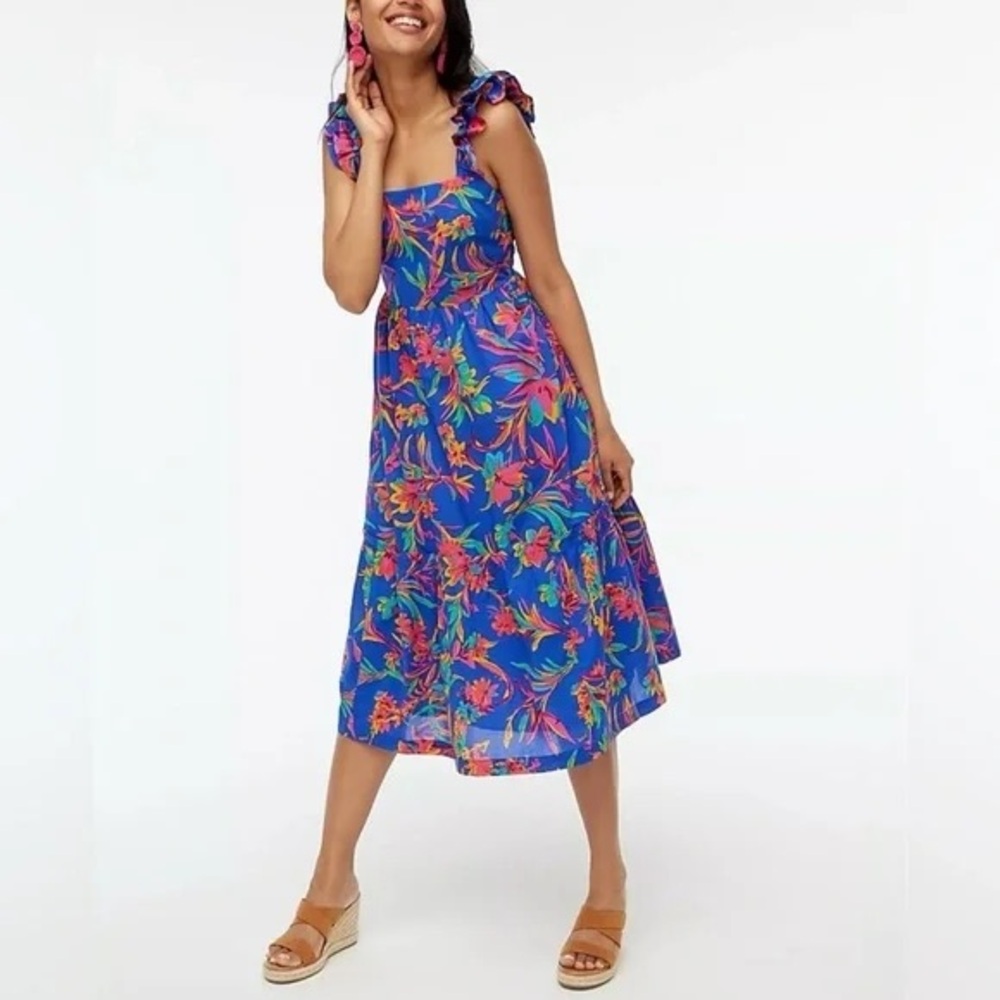 J. Crew Factory Tropical Floral Print Squareneck Midi Dress Size 12P
